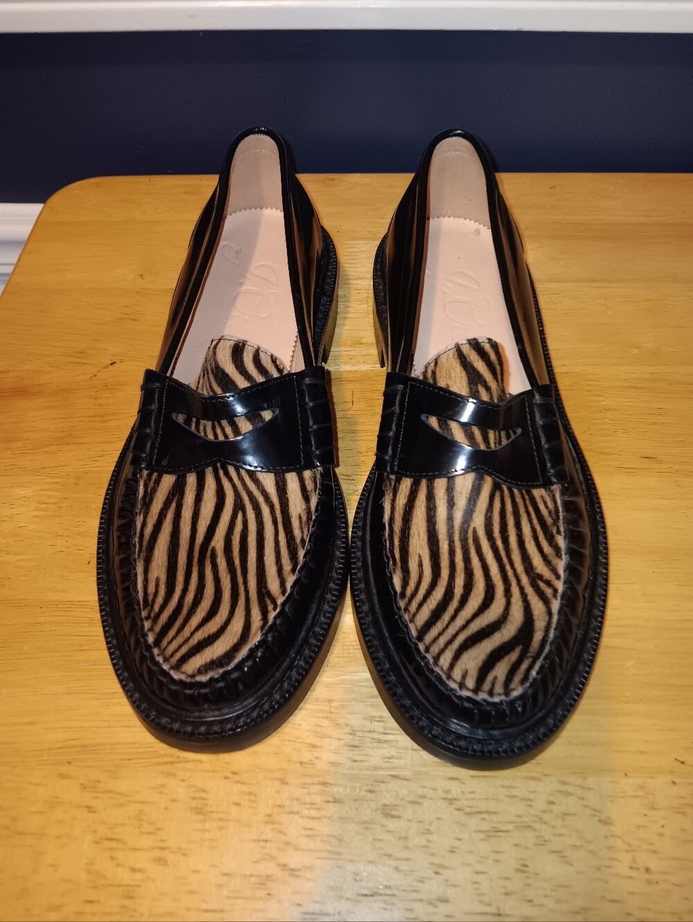 J. Crew Black Patent Leather Loafers with Zebra Print Size 10